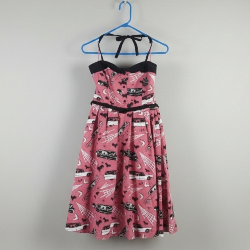 ​🖤 RARE Sourpuss Pink Death Cab Halter Swing Dress | Size Large | EUC